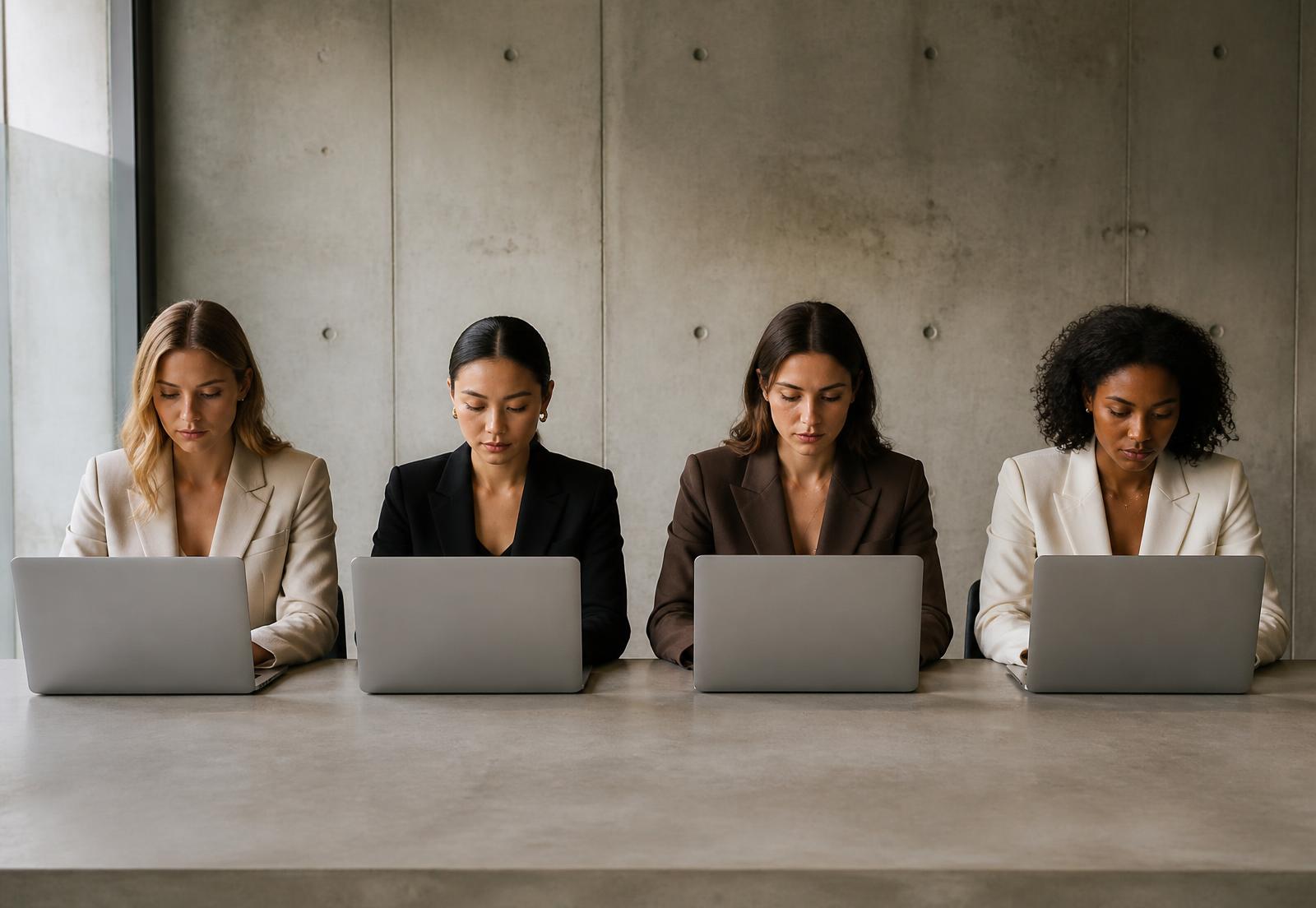 Vier vrouwen werken naast elkaar aan hun laptops tijdens een live werksessie